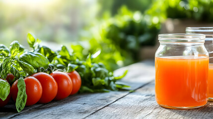 Fresh tomato juice on rustic wooden table, garden background, healthy lifestyle, perfect for food blogs and recipe websites