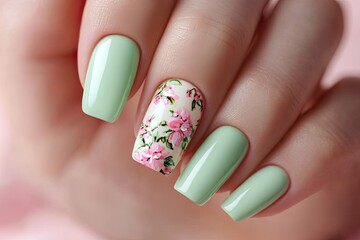 Closeup of manicured nails with floral design, light green polish, on a hand