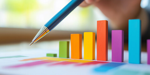 Pen Pointing at Colorful Financial Graph Blocks