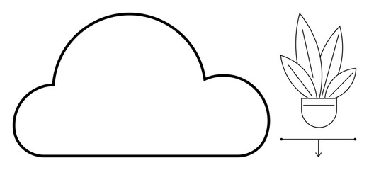 Large cloud shape connected to a growing plant in a pot, suggesting synergy between technology and nature. Ideal for tech growth, cloud computing, sustainability, eco-friendly tech, innovation