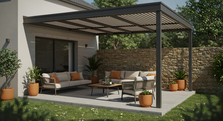 Sophisticated Serenity: A Stylish Outdoor Lounge with a Stone Wall Accent
