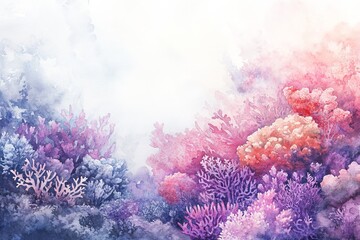 Watercolor painting of vibrant coral reef in pink, purple, and blue hues. (1)