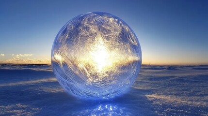 Crystal Sphere Reflecting Warm Sunset Over Snowy Landscape