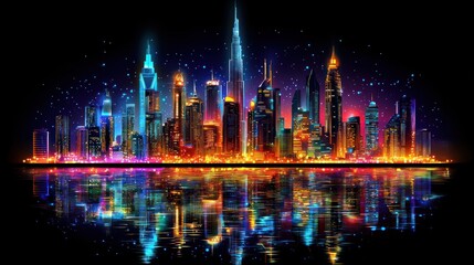 Obraz premium Neon Nightscape: A vibrant cityscape reflected in tranquil waters under a starry sky.