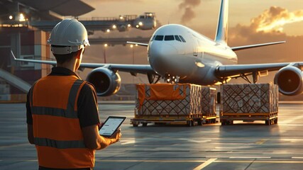 Airport worker monitors cargo loading as the sun sets, showcasing efficient ground operations in a busy airport environment