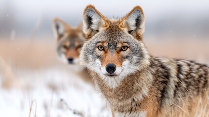 Fototapeta premium Coyotes in snowy field, winter wildlife