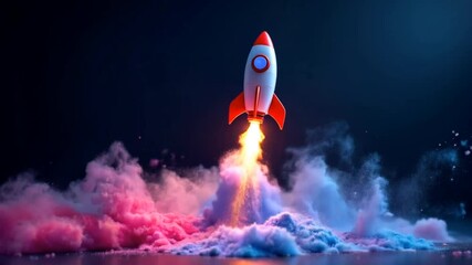 A stylized cartoon rocket taking off, surrounded by vibrant pink and blue smoke, with a fiery exhaust against a dark atmospheric background.  
 - Powered by Adobe
