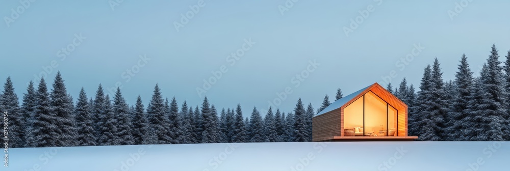 Poster warm light emanates from the large windows of a modern, wooden cabin nestled in a tranquil, snowy fo