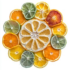 Obraz premium Colorful Arrangement of Fresh Citrus Slices Including Lemon, Lime, Orange, and Blood Orange on White Background