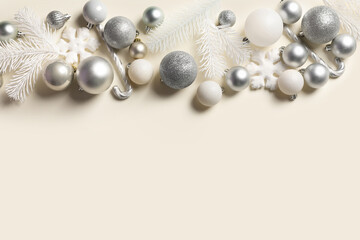 Christmas decorations and fir branches on white background