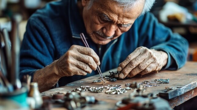 Elderly craftsman meticulously crafting jewelry in workshop