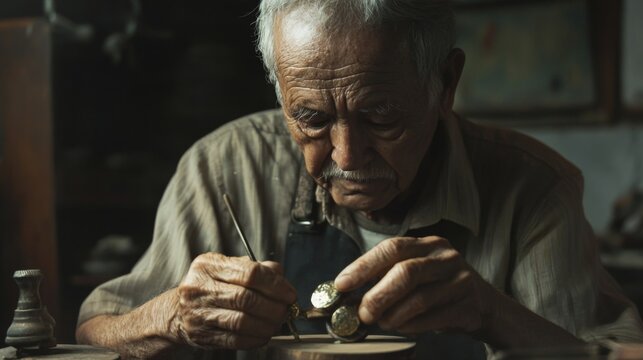 Elderly watchmaker working on watch parts in a workshop