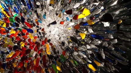 Obraz premium Colorful shards of glass create an explosive abstract design in an artistic installation featuring multiple hues and reflections