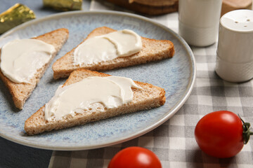 Plate of tasty bruschetta with processed cheese and fresh tomatoes. Closeup