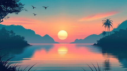 Serene Sunset over Tropical Bay: A Peaceful Paradise