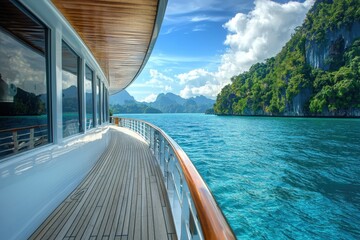 Fototapeta premium A panoramic view of the ocean from a luxury cruise deck, crystal clear waters and mountains.