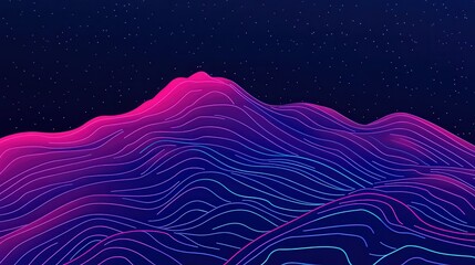 A vibrant, abstract landscape featuring flowing lines in shades of pink and blue against a dark background, evoking a sense of depth and motion.