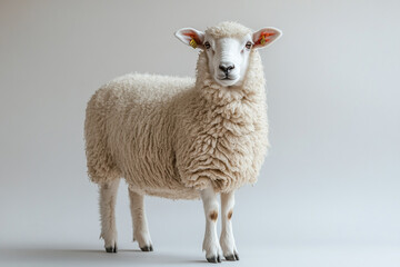 Sheep standing on a white background. Animal side portrait.