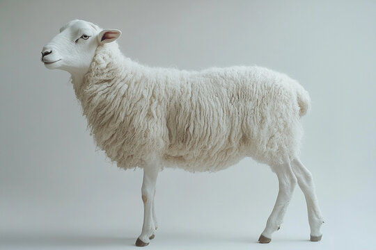 Sheep standing on a white background. Animal side portrait.