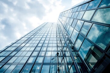 Low-angle view of a modern glass skyscraper with reflective windows against a cloudy sky background, symbolizing urban architecture and business growth concept. Ai generative