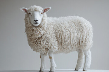 Fototapeta premium Sheep standing on a white background. Animal side portrait.
