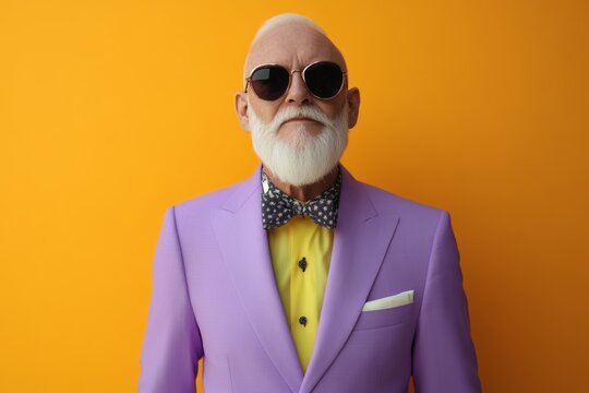 Elderly gentleman sports stylish purple suit with bow tie against vibrant orange background