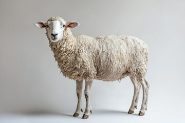 Fototapeta premium Sheep standing on a white background. Animal side portrait.