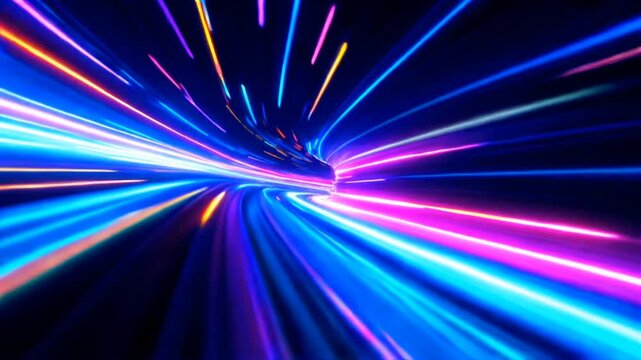 Futuristic neon light speed tunnel with motion blur effect  
