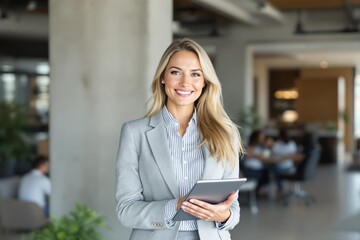 Fototapeta premium Professional businesswoman in grey suit holding a tablet, smiling confidently in a modern office background. Concept of leadership and corporate success. Ai generative