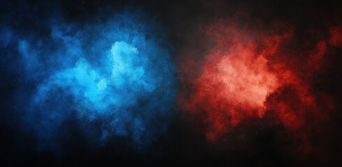 Vibrant blue and red smoke clouds blend against dark background, creating abstract and dynamic visual effect. contrasting colors evoke sense of energy and movement