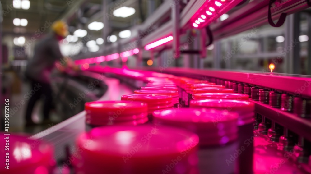 Poster brightly colored containers are moving along a conveyor belt illuminated by pink lights in a busy ma