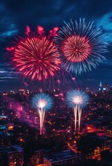 Stunning Night Sky Display of Colorful Fireworks Over a Vibrant City with Illuminated Buildings and an Expanse of Dramatic Clouds