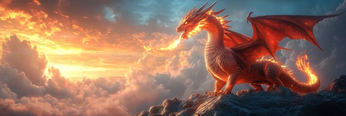 Fiery dragon on a mountain peak at sunset, breathing fire.