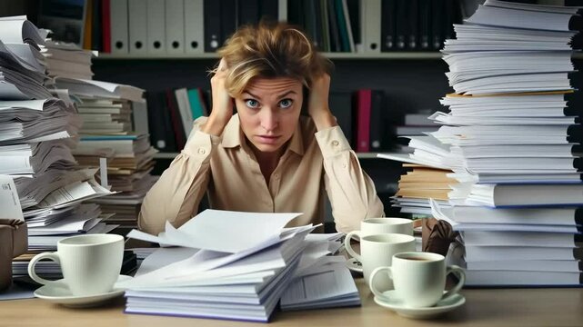 A stressed woman surrounded by stacks of paperwork at a desk, captured from a frontal angle. The video portrays workplace stress and overload.