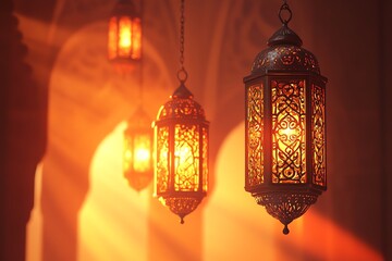 banner for ramadhan , Ornate Islamic hanging lamps glow with golden light on a gradient red, orange -to-gold background, perfect for festive Ramadan messages and designs.