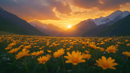 Vibrant Mountain Landscape with Yellow Flowers and Sun Rays at Sunset in Svaneti Region