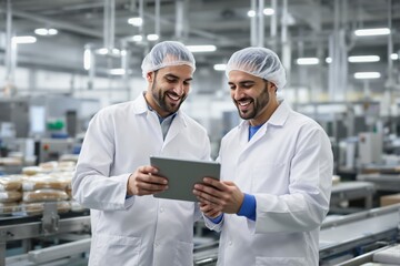 Two smiling food factory workers in white lab coats and hairnets using a tablet in a production facility background, concept of industrial quality control. Ai generative