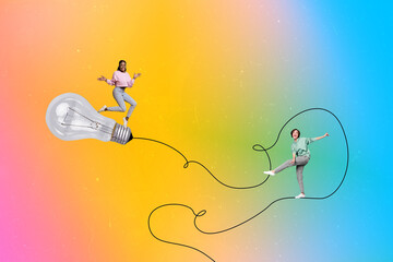 Art 3d sketch collage of two happy business girls colleagues dance light bulb idea cooperation finding progress enlightenment
