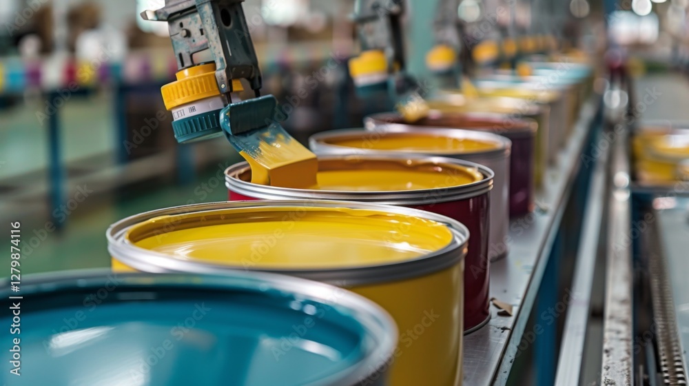 Aufkleber automated machinery meticulously fills colorful paint cans in a busy factory setting, showcasing a s