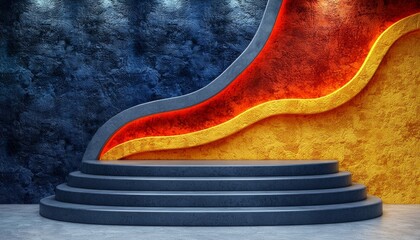 A colorful and modern stage shows off a curved background