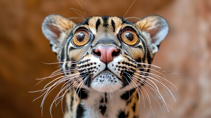 Fototapeta premium Ocelot portrait, zoo enclosure, curious gaze, blurred background, wildlife photography