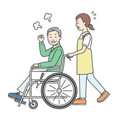 車椅子の高齢男性が介助をする若い女性に怒っている全身イラスト