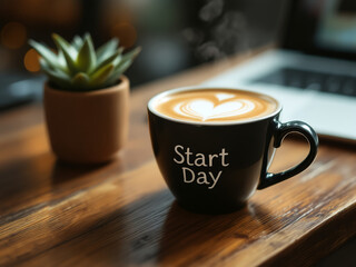 "Start Day" with a Latte in a Black Coffee Cup