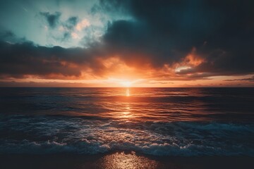 Obraz premium Dramatic Ocean Sunset, Waves Crashing Shore