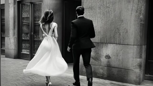 Black and white video still of a couple in formal attire walking briskly, captured from a rear angle, emphasizing motion and elegance.