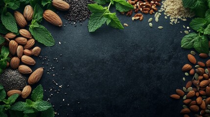 Fresh herbs and assorted nuts create an inviting culinary backdrop for healthy cooking and recipes