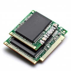 Close-up of modern computer memory module with chips and circuit board on white background for tech projects