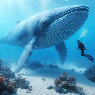 scuba diver and whale