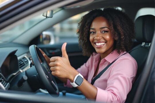 Cheerful woman sitting in car, showing thumbs up with a happy smile, wearing a smartwatch, looking confident. Blurred city background. Concept of success. Ai generative