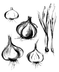Garlic and green onions using calligraphy	